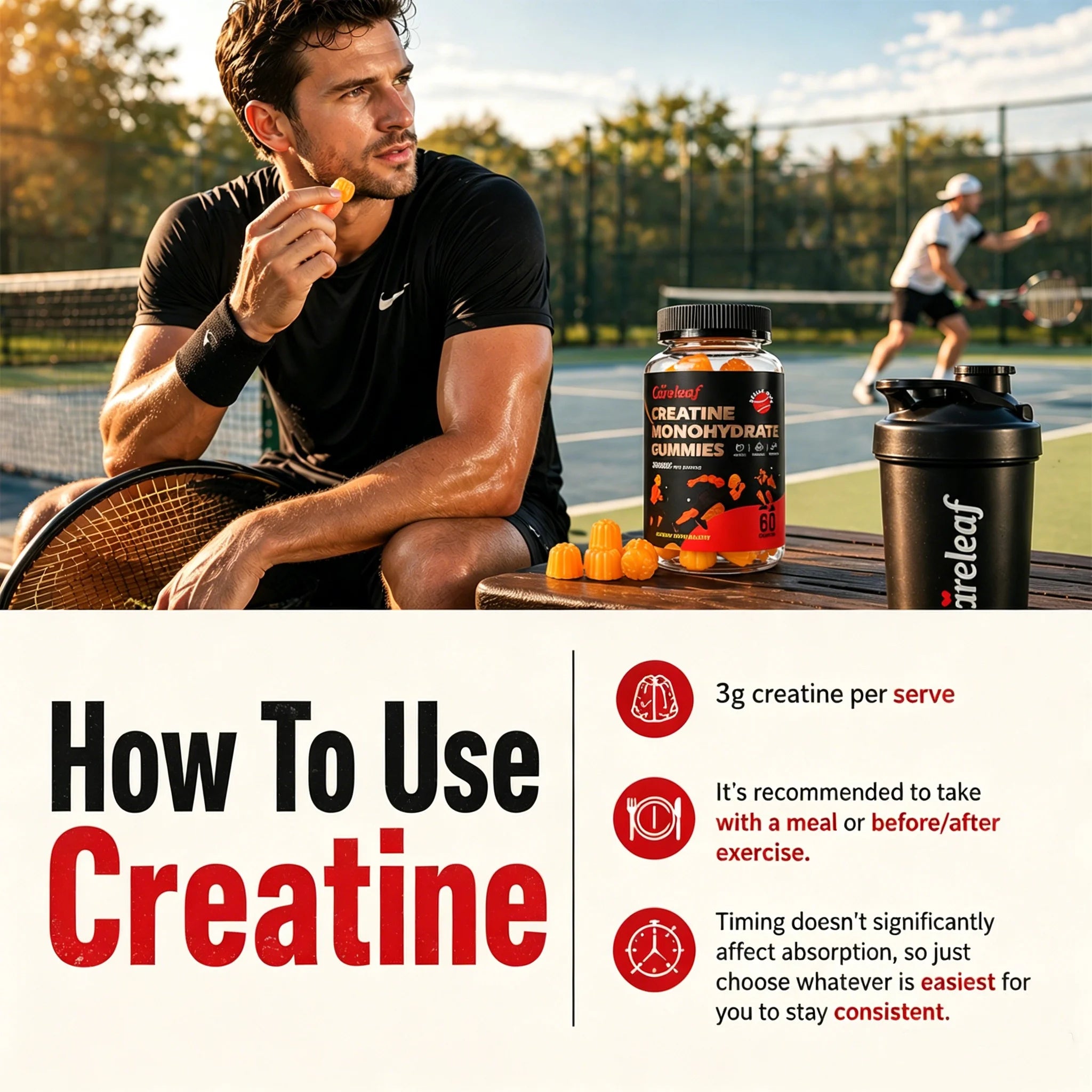 (Free Shipping) Careleaf Sugar Free Creatine Monohydrate Gummies for Men & Women - 3000mg Creatine Gummies for Muscle Growth,Strength & Energy Support - 60 Gummies