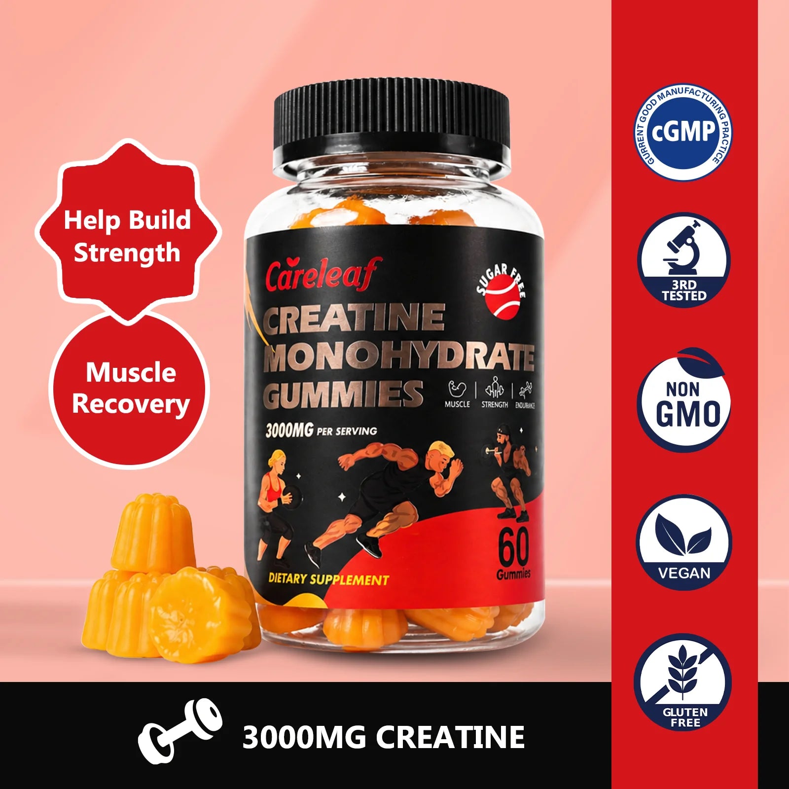 (Free Shipping) Careleaf Sugar Free Creatine Monohydrate Gummies for Men & Women - 3000mg Creatine Gummies for Muscle Growth,Strength & Energy Support - 60 Gummies