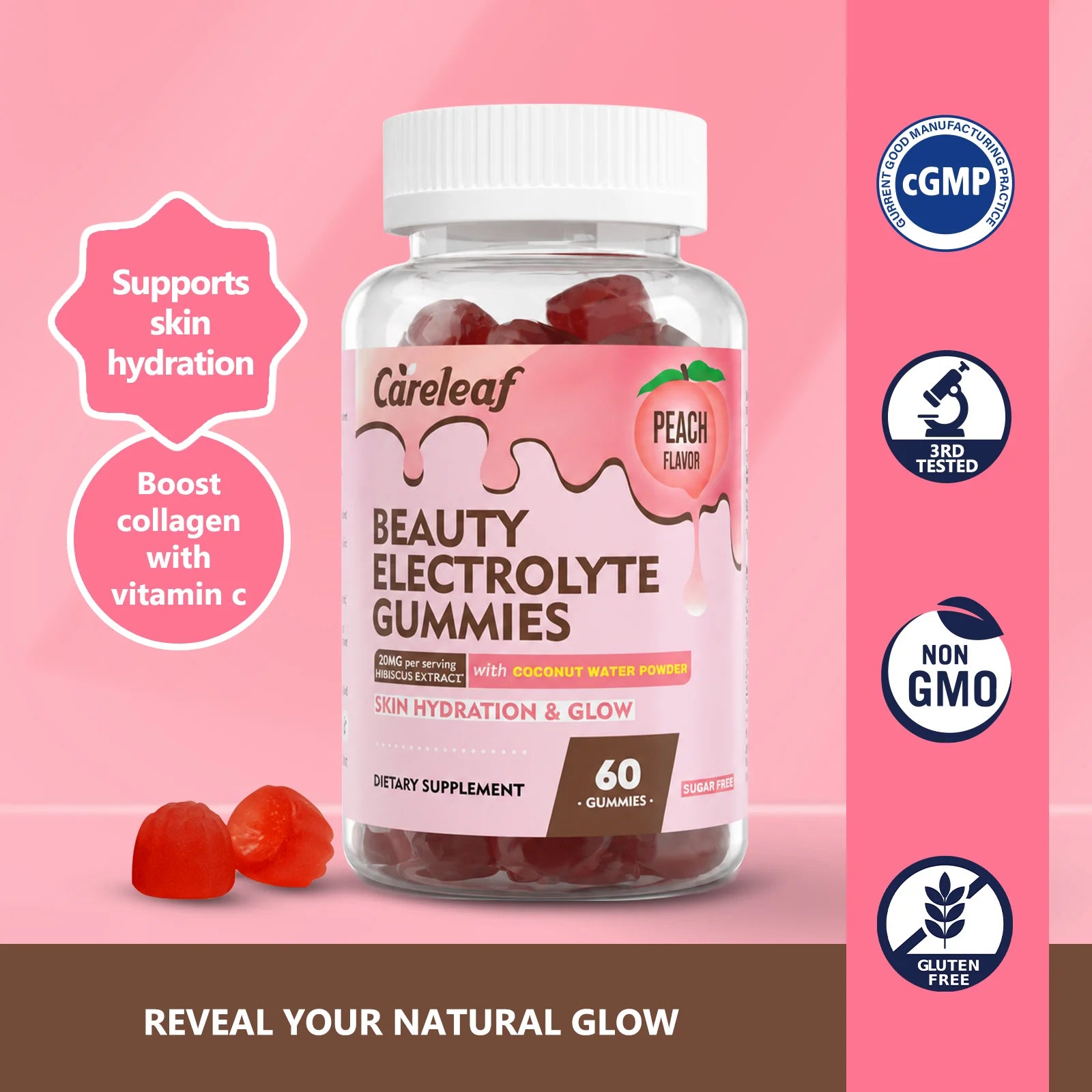 Careleaf Beauty Electrolyte Gummies - Skin Hydration & Glow Support - Hyaluronic Acid & Bamboo Silica - Sugar Free, Natural Peach Flavor