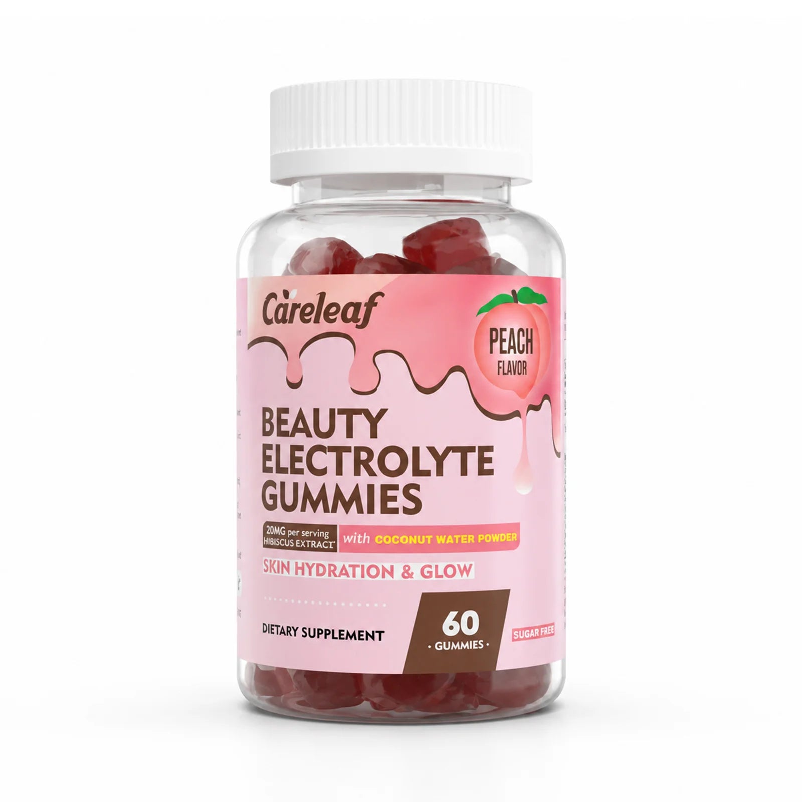 Careleaf Beauty Electrolyte Gummies - Skin Hydration & Glow Support - Hyaluronic Acid & Bamboo Silica - Sugar Free, Natural Peach Flavor