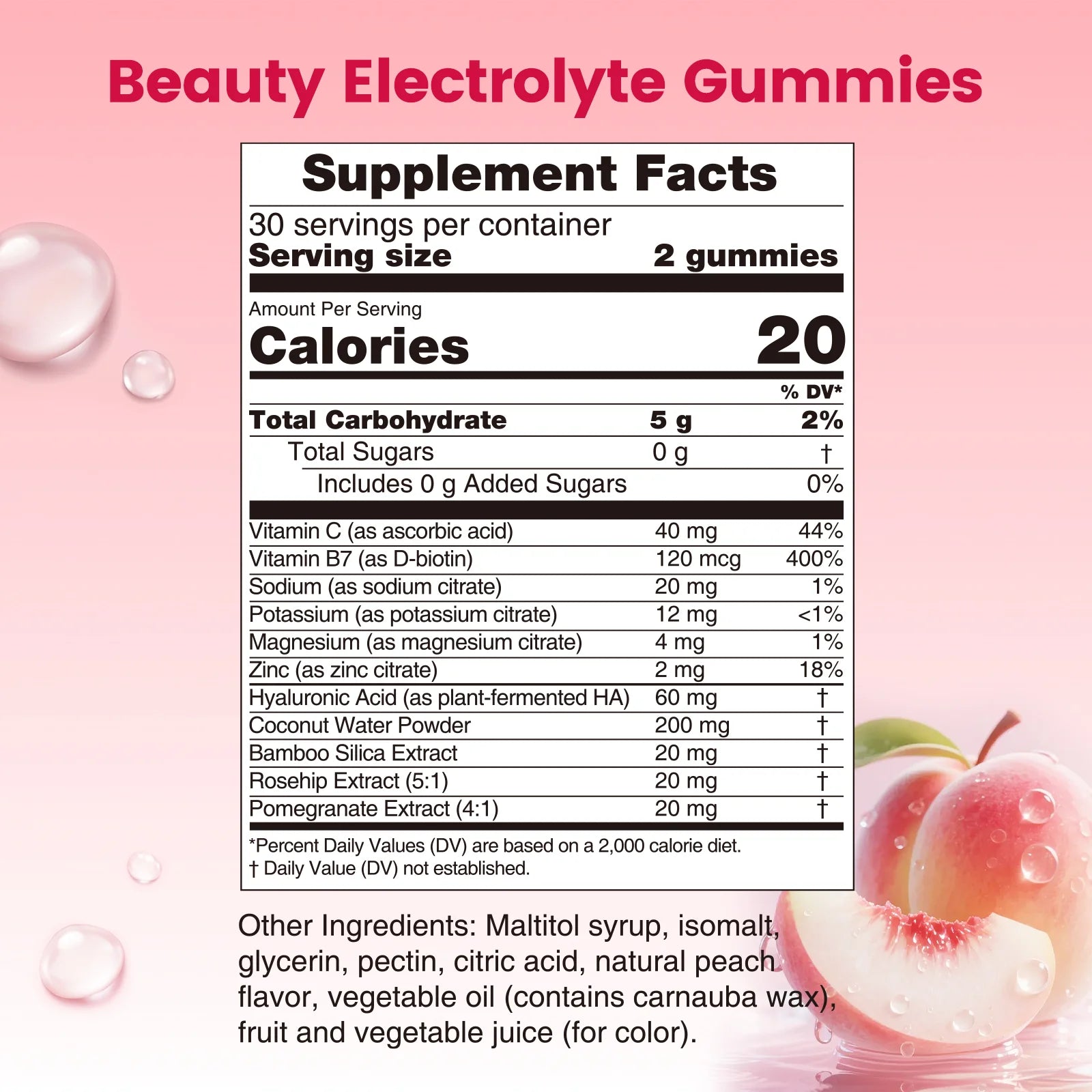 Careleaf Beauty Electrolyte Gummies - Skin Hydration & Glow Support - Hyaluronic Acid & Bamboo Silica - Sugar Free, Natural Peach Flavor
