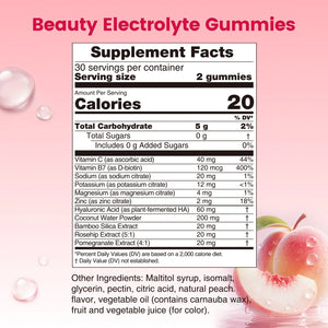 Careleaf Beauty Electrolyte Gummies - Skin Hydration & Glow Support - Hyaluronic Acid & Bamboo Silica - Sugar Free, Natural Peach Flavor