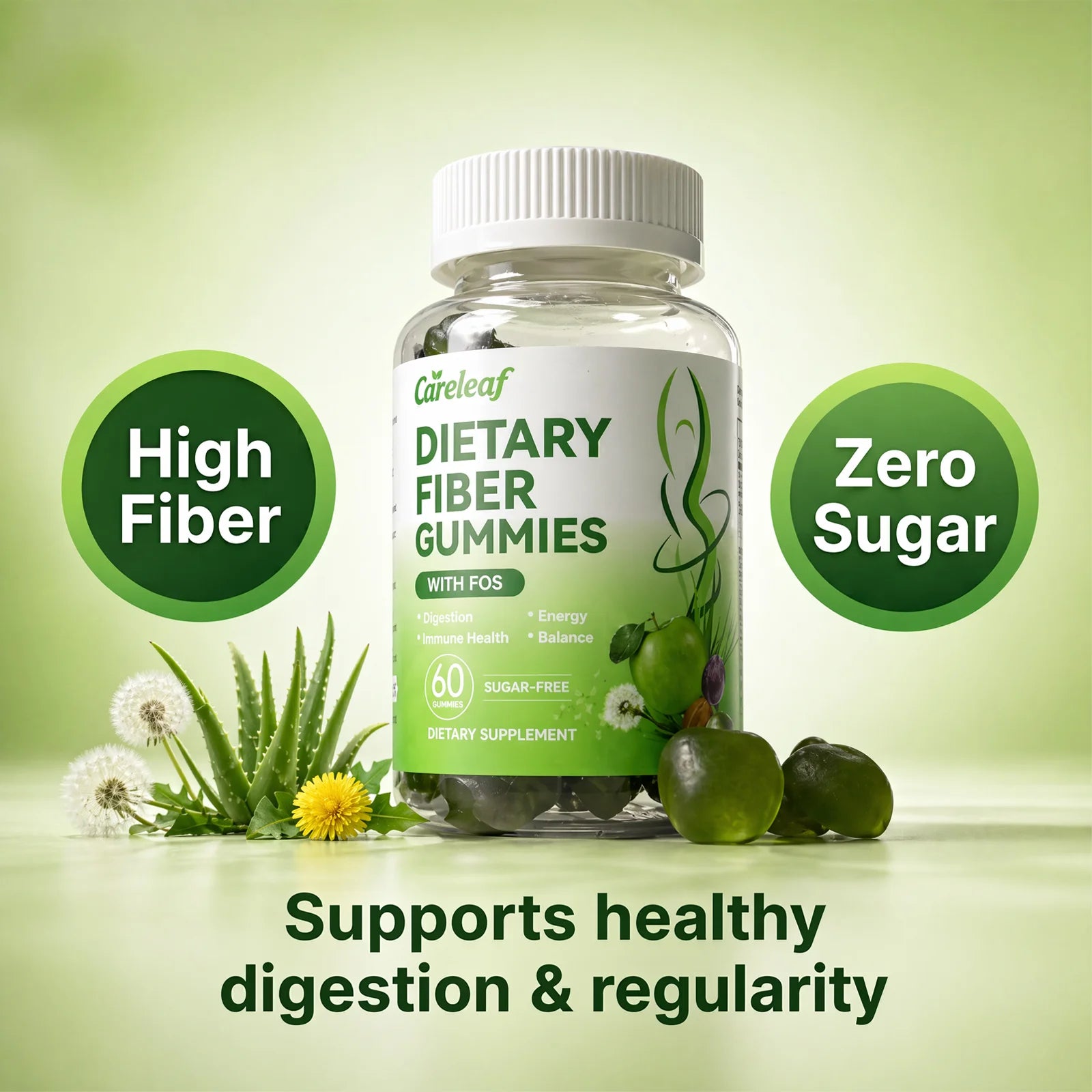 Careleaf Sugar Free Dietary Fiber Gummies for Digestive Health & Regularity -Supplement with Magnesium & Vitamin C -Vegan, Non-GMO - Wellness for Adults