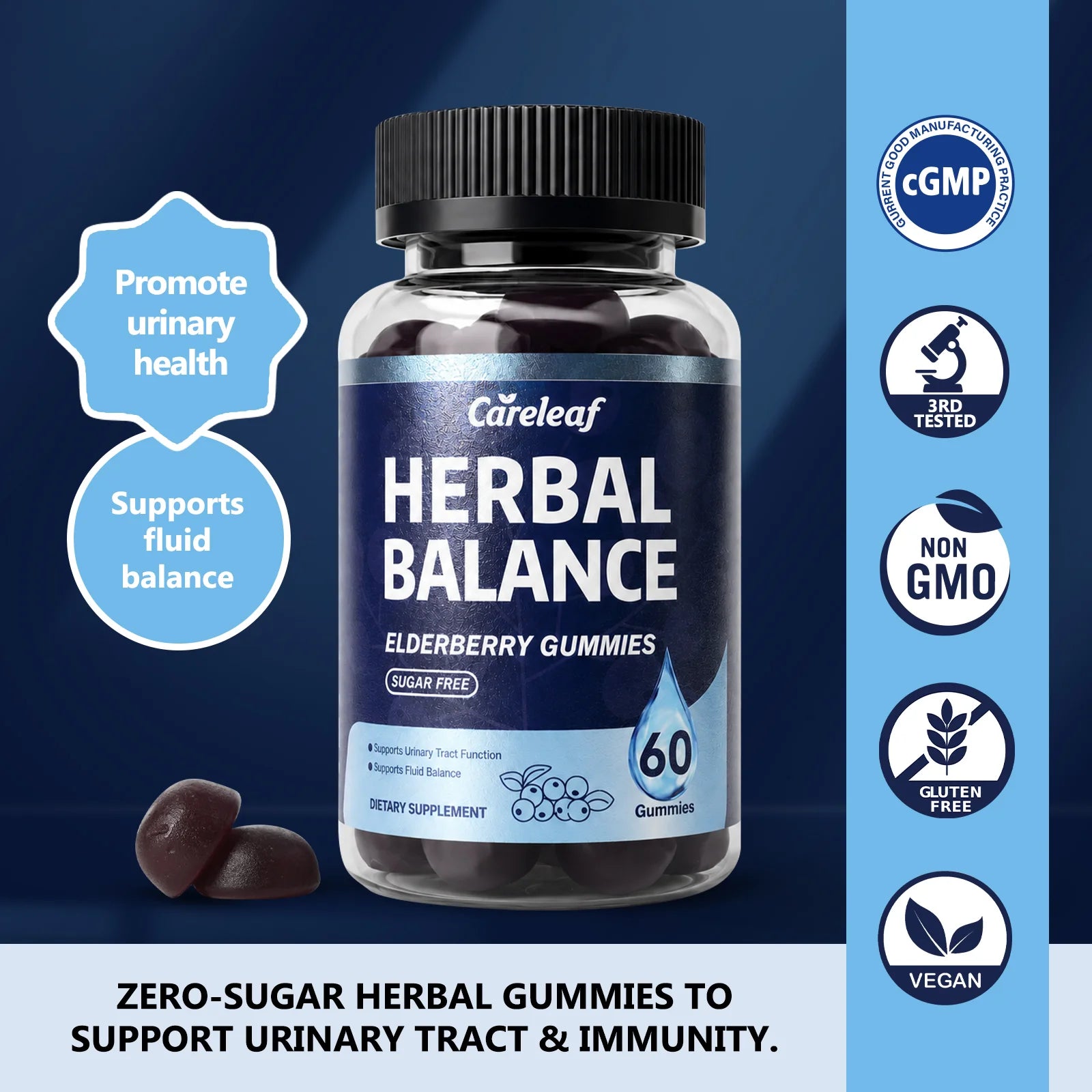 Careleaf Sugar Free Herbal Balance Gummies for Urinary & Immune Support - with Elderberry, Cranberry, Magnesium for Daily Wellness - Cranberry Flavor - 60 Gummies