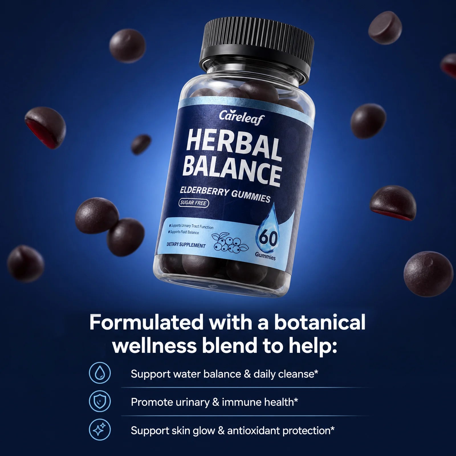 Careleaf Sugar Free Herbal Balance Gummies for Urinary & Immune Support - with Elderberry, Cranberry, Magnesium for Daily Wellness - Cranberry Flavor - 60 Gummies