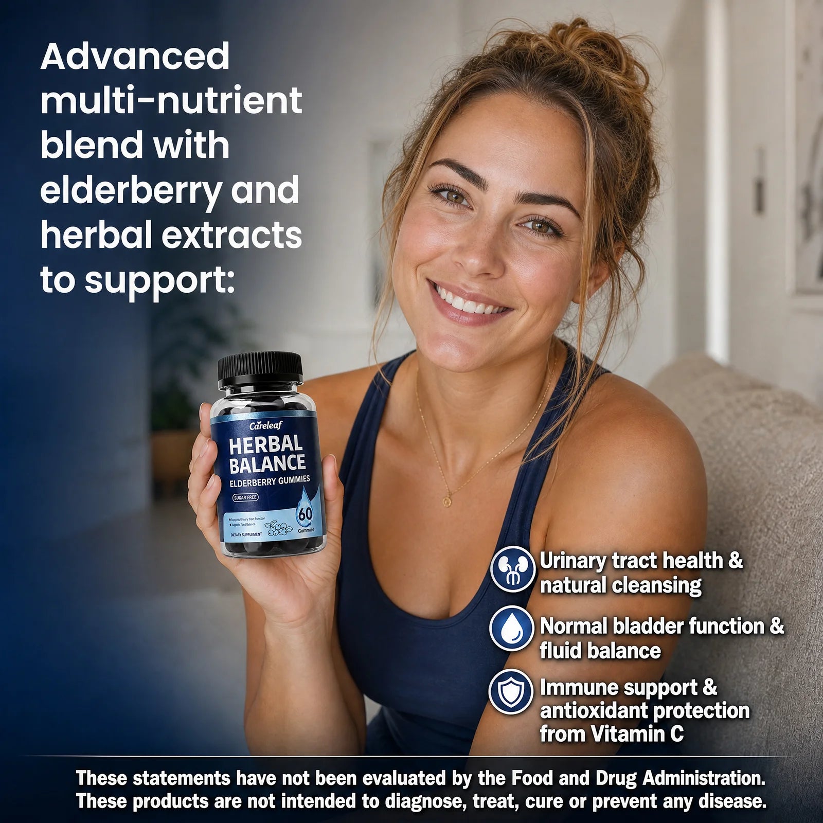Careleaf Sugar Free Herbal Balance Gummies for Urinary & Immune Support - with Elderberry, Cranberry, Magnesium for Daily Wellness - Cranberry Flavor - 60 Gummies