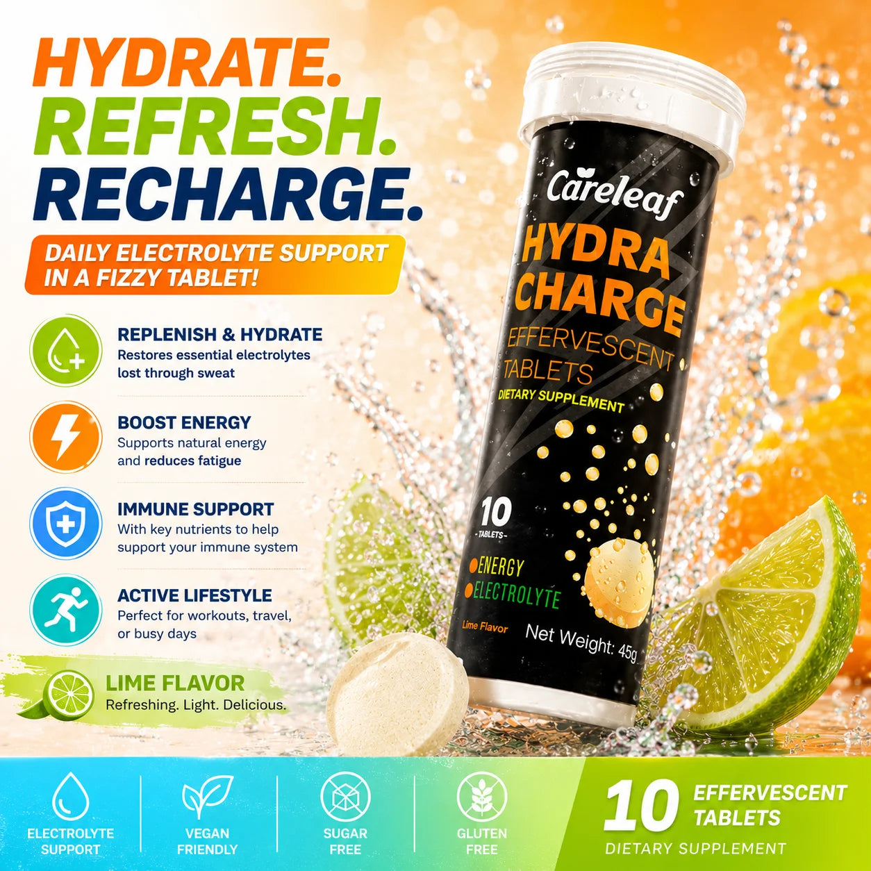 Careleaf Hydration Electrolyte Tablets - with Caffeine from Yerba Mate, Magnesium & 4 Other Electrolytes - Gluten Free, Vegan, Lime Flavor - 10 Count