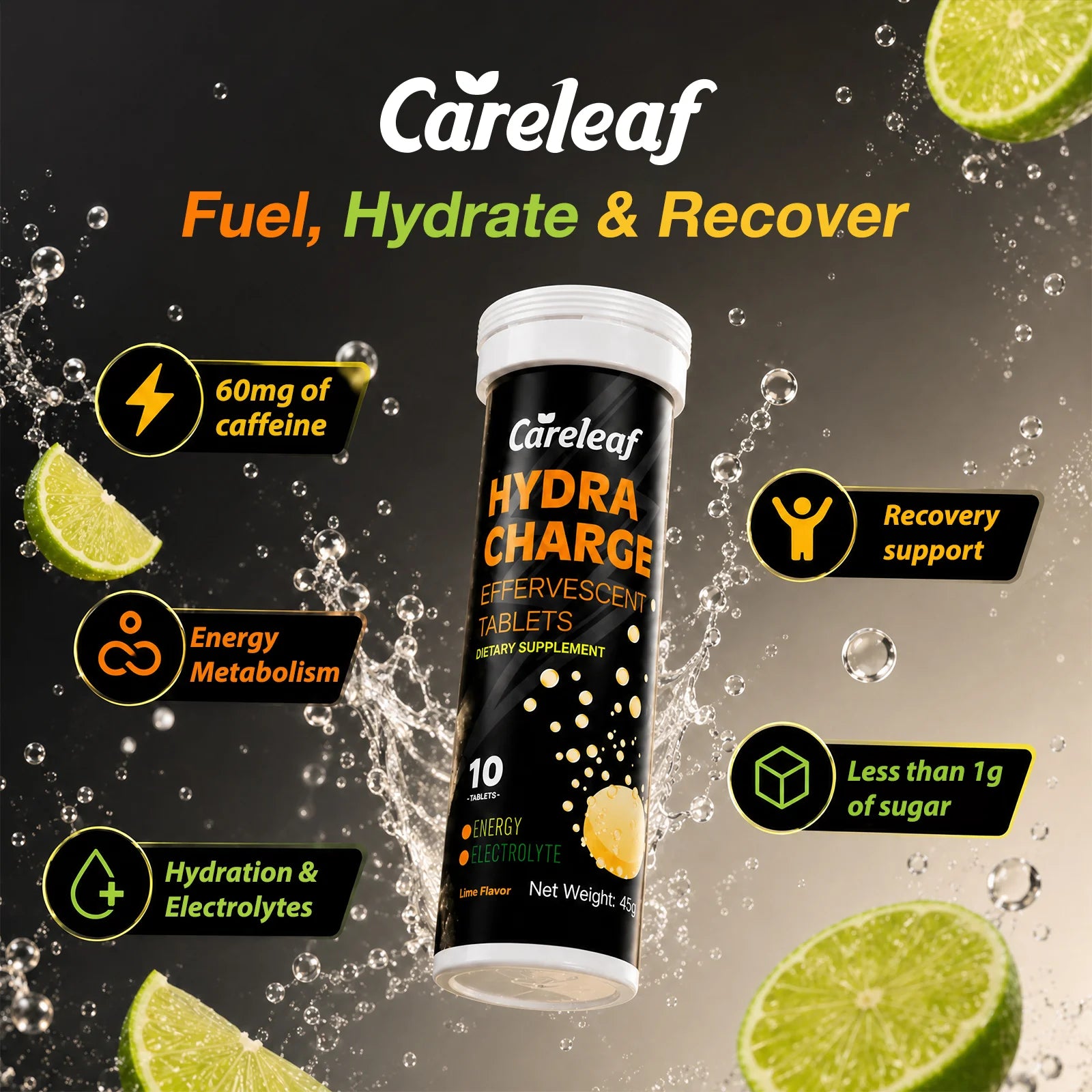 Careleaf Hydration Electrolyte Tablets - with Caffeine from Yerba Mate, Magnesium & 4 Other Electrolytes - Gluten Free, Vegan, Lime Flavor - 10 Count