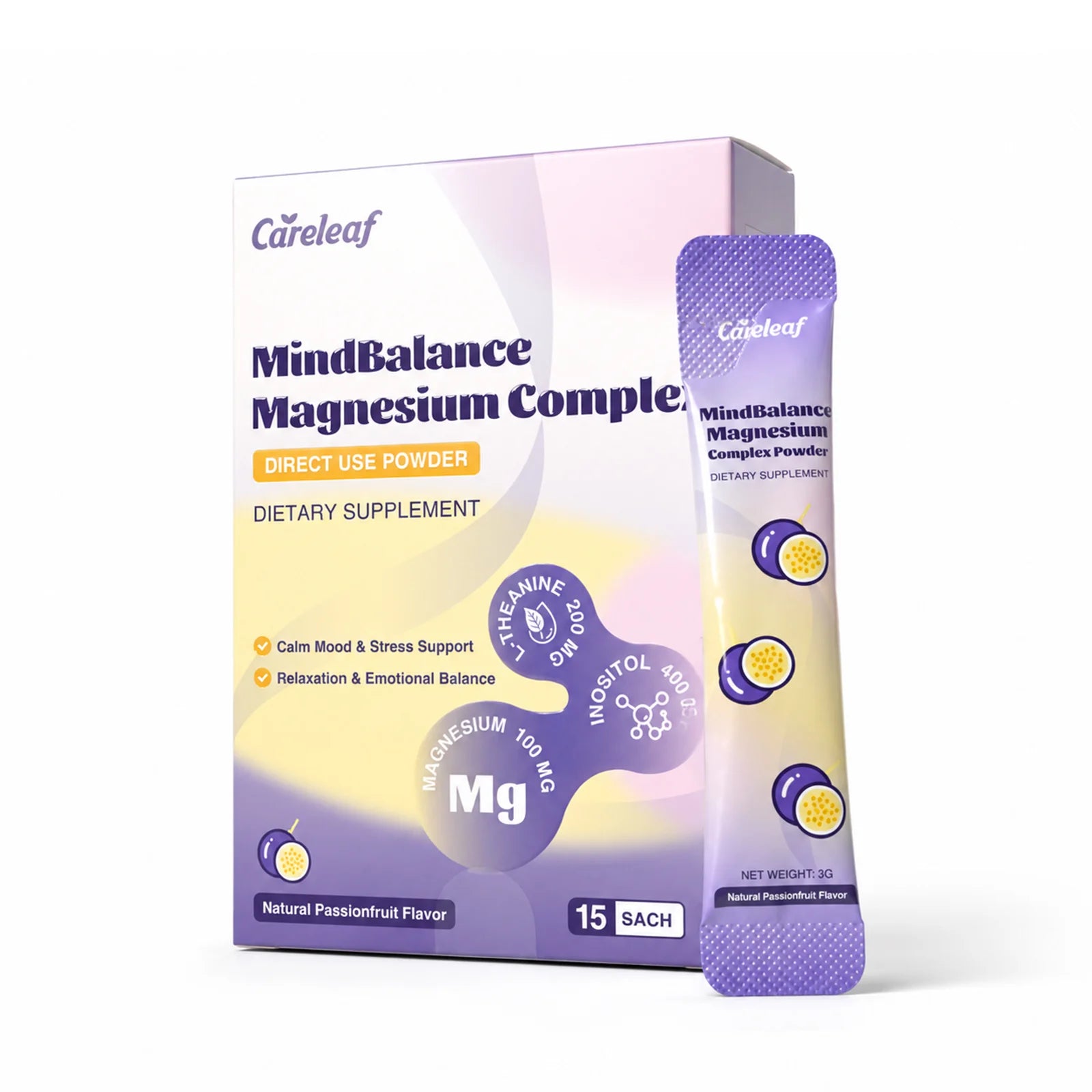 Careleaf Calm Magnesium Complex Direct Use Powder, Magnesium Glycinate + L-Theanine Blend for Rest, Relaxation, Muscle & Regularity, Magnesium Supplement for Women and Men, 15 Satches