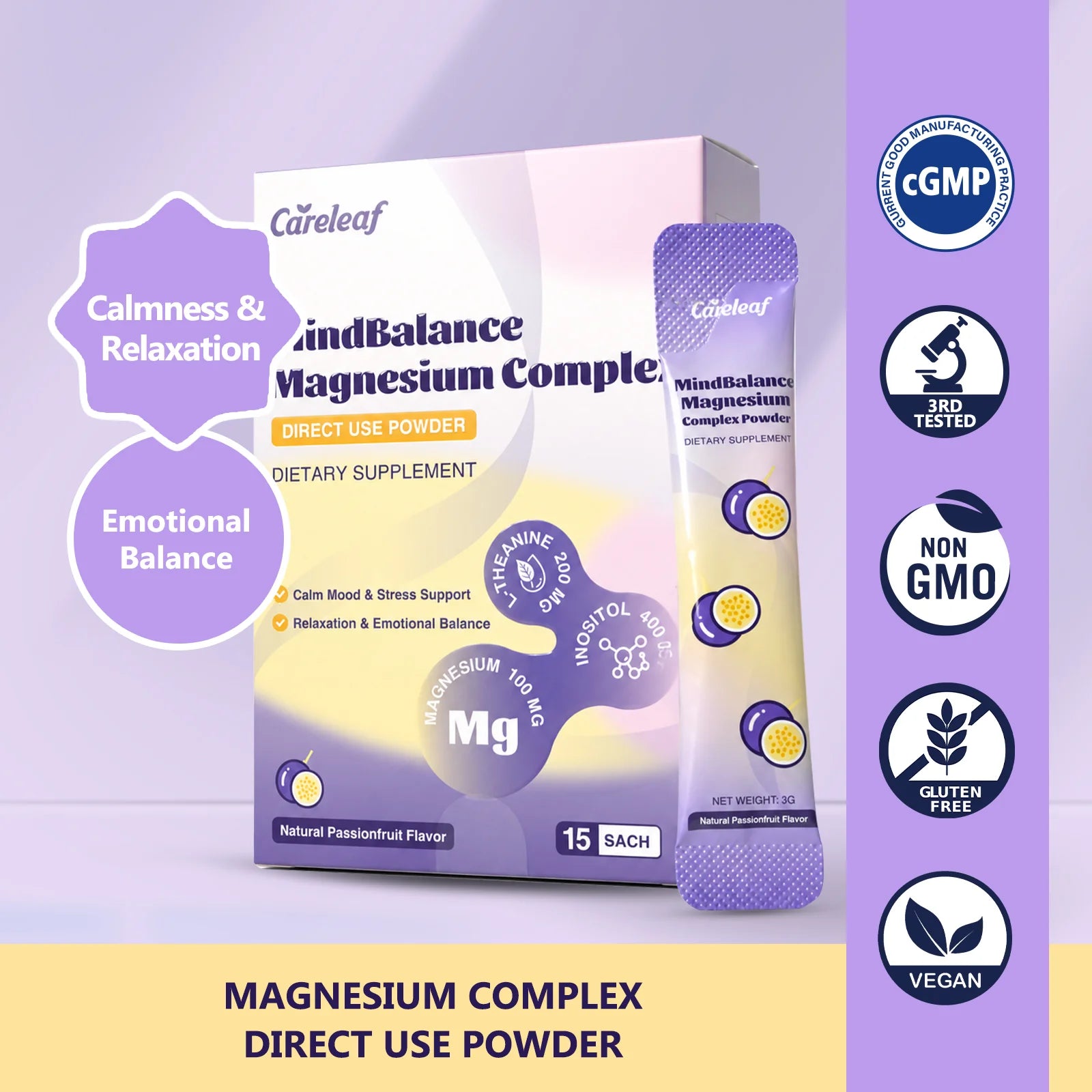 Careleaf Calm Magnesium Complex Direct Use Powder, Magnesium Glycinate + L-Theanine Blend for Rest, Relaxation, Muscle & Regularity, Magnesium Supplement for Women and Men, 15 Satches