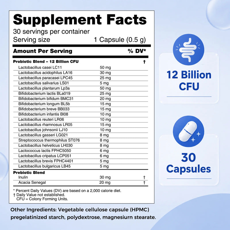 Careleaf Daily Probiotics with Prebiotics, 12 Billion CFU 20 Strains - Vegan Capsules for Gut Health & Digestive Support, Probiotics for Women & Men, 30 Capsules