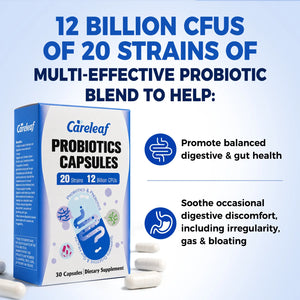 Careleaf Daily Probiotics with Prebiotics, 12 Billion CFU 20 Strains - Vegan Capsules for Gut Health & Digestive Support, Probiotics for Women & Men, 30 Capsules