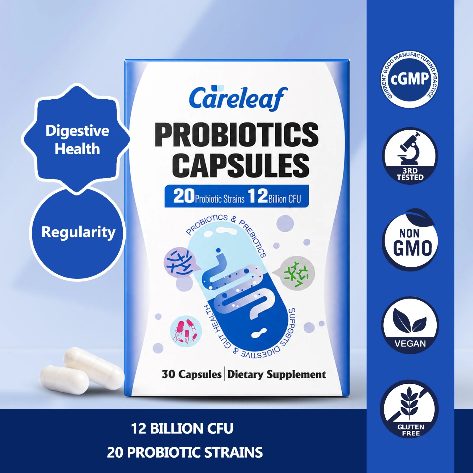 Careleaf Daily Probiotics with Prebiotics, 12 Billion CFU 20 Strains - Vegan Capsules for Gut Health & Digestive Support, Probiotics for Women & Men, 30 Capsules