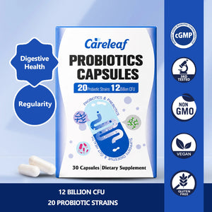 Careleaf Daily Probiotics with Prebiotics, 12 Billion CFU 20 Strains - Vegan Capsules for Gut Health & Digestive Support, Probiotics for Women & Men, 30 Capsules